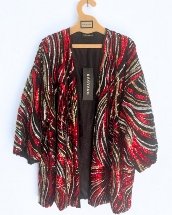 Ragyard FLAME Red And Gold Sequin Kimono With LOVE WILL WIN Back Panel