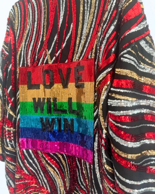 Ragyard FLAME Red And Gold Sequin Kimono With LOVE WILL WIN Back Panel