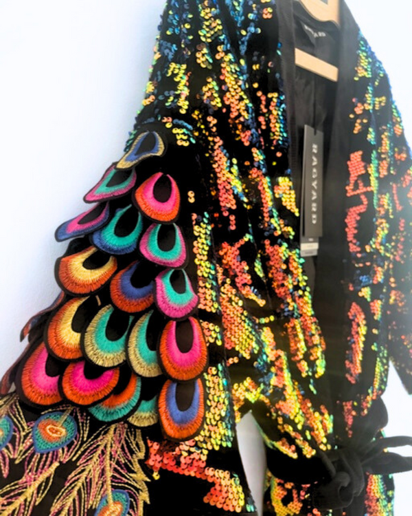 Ragyard Iridescent Velvet Sequin Kimono Robe With Psychedelic Peacock Sleeve Embellishment