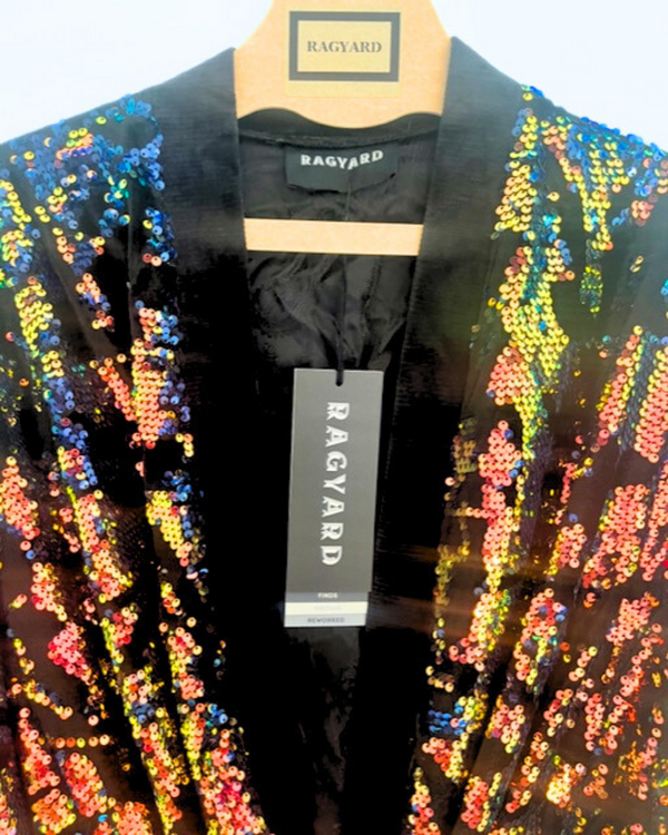 Ragyard Iridescent Velvet Sequin Kimono Robe With Psychedelic Peacock Sleeve Embellishment