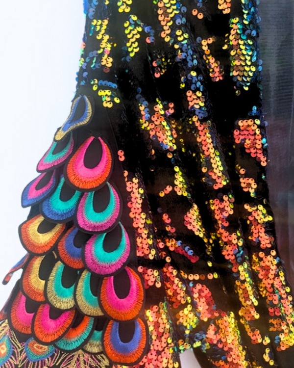 Ragyard Iridescent Velvet Sequin Kimono Robe With Psychedelic Peacock Sleeve Embellishment