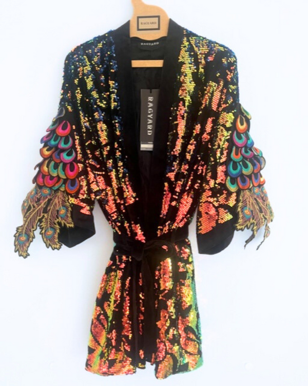 ragyard Iridescent Velvet Sequin Kimono Robe with Psychedelic Peacock Sleeve embellishment