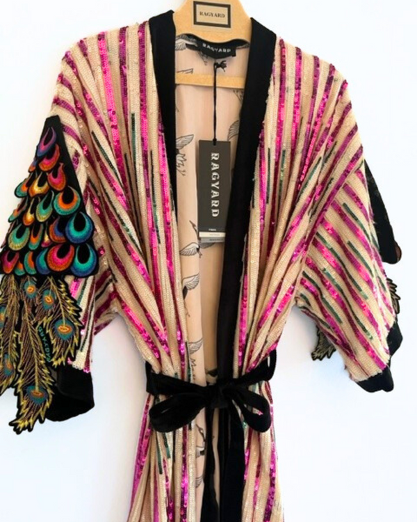 Ragyard Pink & Cream DISCO Sequin Psychedelic Peacock Kimono Robe