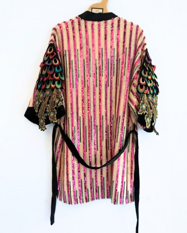 Ragyard Pink & Cream DISCO Sequin Psychedelic Peacock Kimono Robe
