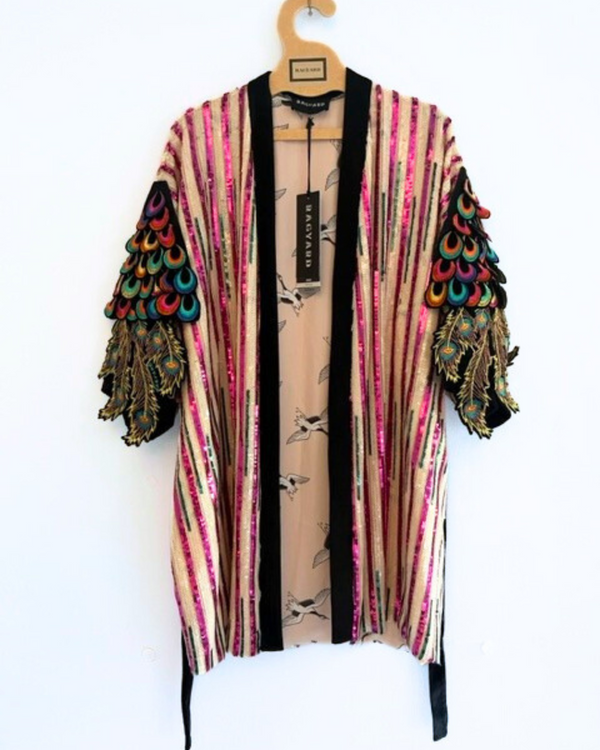 ragyard Pink & Cream DISCO Sequin Psychedelic Peacock Kimono Robe