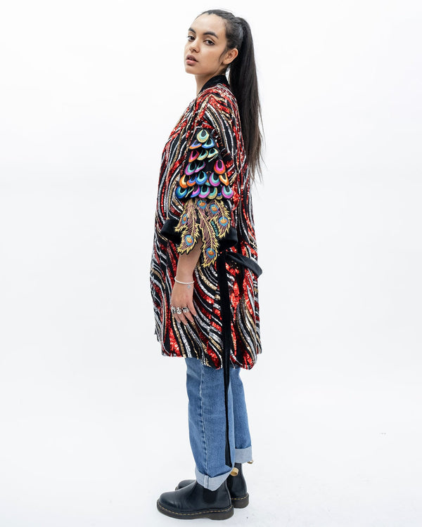 Ragyard Red Stripe Sequin Robe With Psychedelic Peacock Sleeve