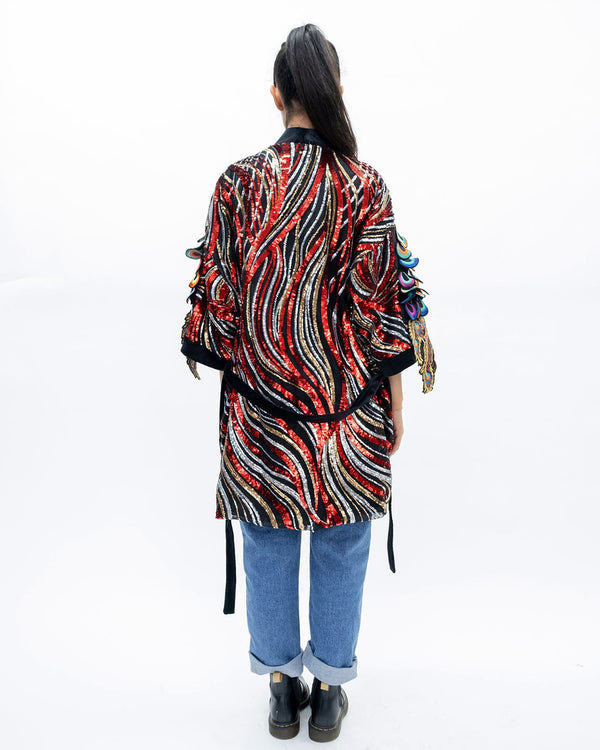 Ragyard Red Stripe Sequin Robe With Psychedelic Peacock Sleeve