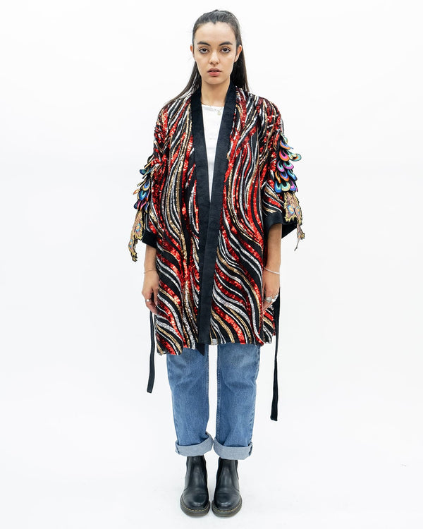 Ragyard Red Stripe Sequin Robe With Psychedelic Peacock Sleeve