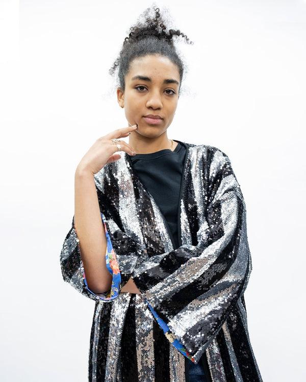 Ragyard Sliver And Black Stripe Sequin Kimono Love Will Win