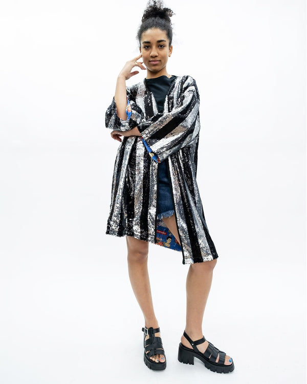 Ragyard Sliver And Black Stripe Sequin Kimono Love Will Win