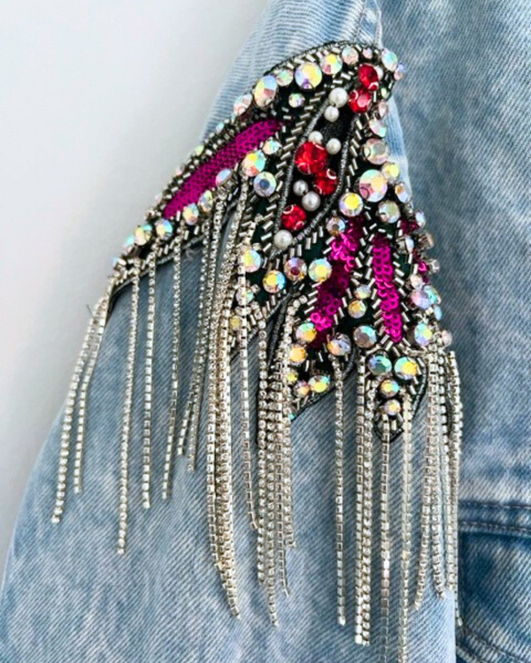 ragyard Vintage LEVI Bleached Denim Jacket With Crystal And Chain Shoulder Embellishment
