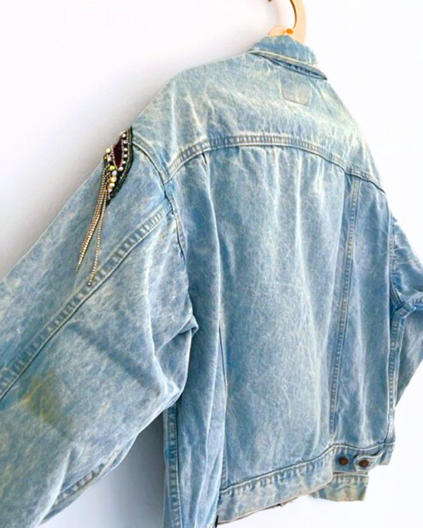 ragyard Vintage LEVI Bleached Denim Jacket With Crystal And Chain Shoulder Embellishment