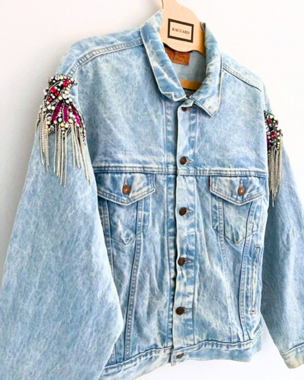 ragyard Vintage LEVI bleached denim jacket with crystal and chain shoulder embellishment