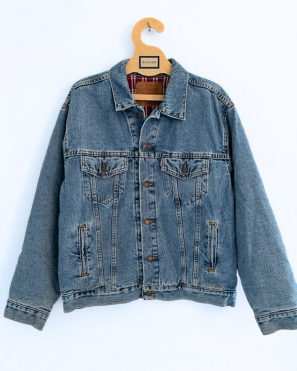 Ragyard Vintage LEVI Tartan Lined Denim Jacket With Detachable Macrame Peacock Collar