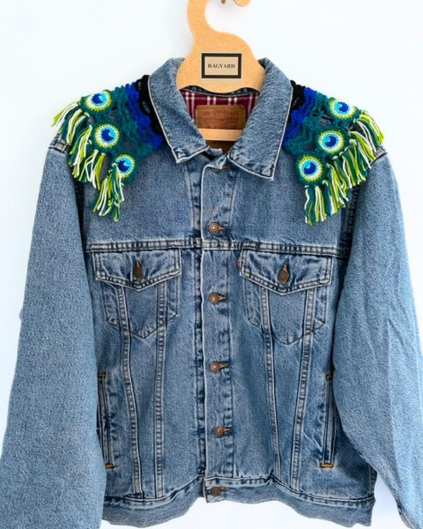 ragyard Vintage LEVI tartan lined denim jacket with detachable macrame peacock collar