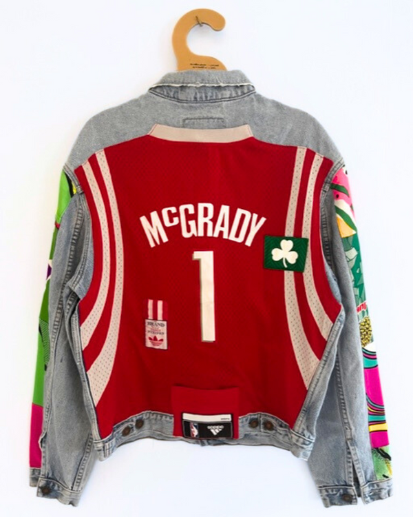 Ragyard Vintage LEVIS Denim Trucker Jacket With Basketball Jersey Back And Vintage Sportswear Panelling