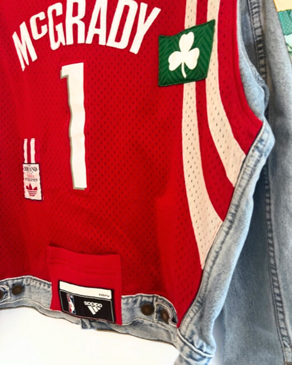 Ragyard Vintage LEVIS Denim Trucker Jacket With Basketball Jersey Back And Vintage Sportswear Panelling