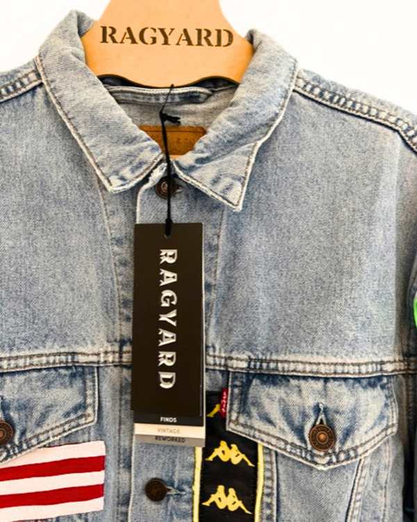 Ragyard Vintage LEVIS Denim Trucker Jacket With Basketball Jersey Back And Vintage Sportswear Panelling