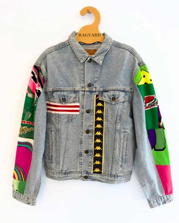 ragyard Vintage LEVIS Denim Trucker Jacket with Basketball Jersey back and vintage sportswear panelling