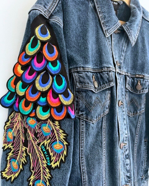 Ragyard Vintage WRANGLER Dark Blue Denim Jacket With Psychedelic Peacock Sleeve Embellishment