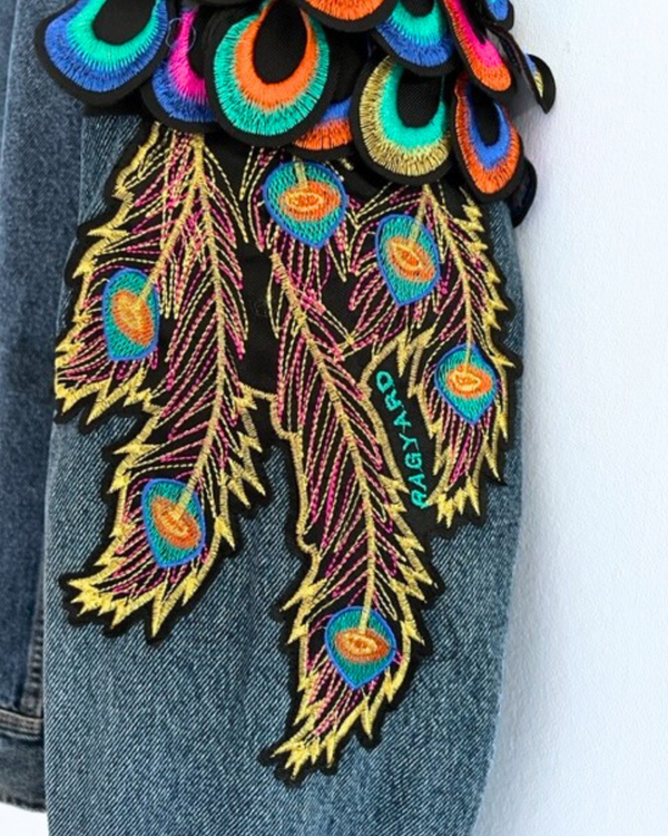 Ragyard Vintage WRANGLER Dark Blue Denim Jacket With Psychedelic Peacock Sleeve Embellishment