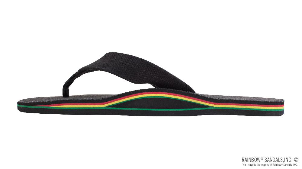 Rainbow Sandals The Rastafarian - Single Layer Black Hemp With Rasta Mid Sole