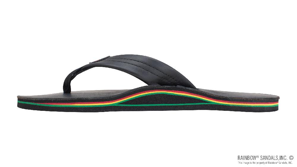 Rainbow Sandals The Rastafarian - Single Layer Classic Black Leather With Rasta Mid Sole