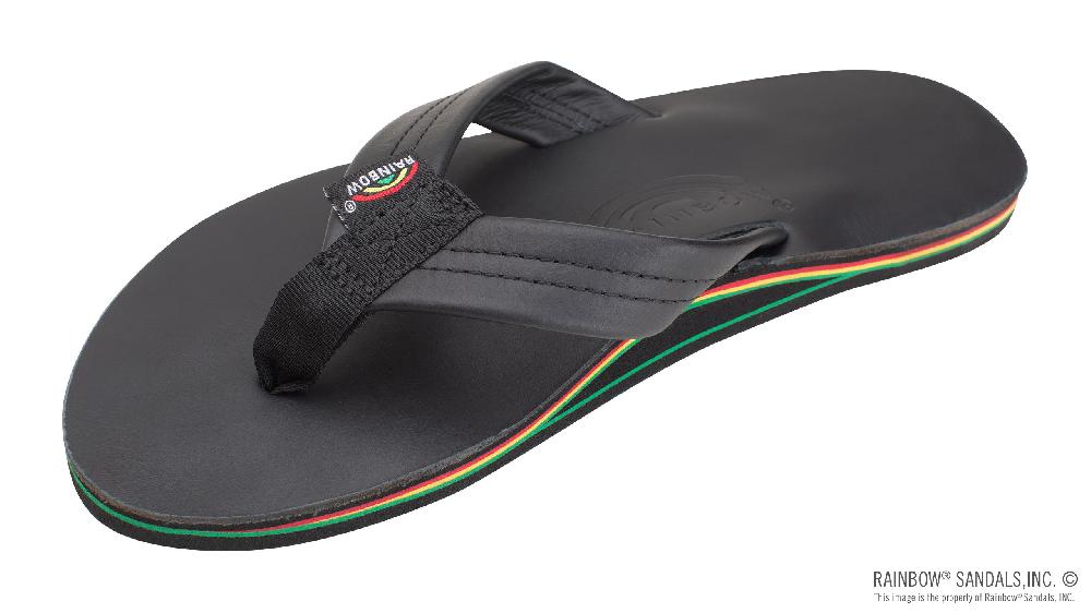 rainbow sandals The Rastafarian - Single Layer Classic Black Leather with Rasta Mid Sole