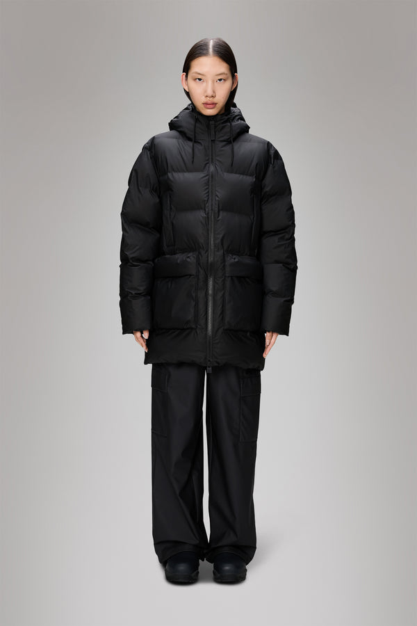 rains Alta Long Puffer Cargo Jacket Black