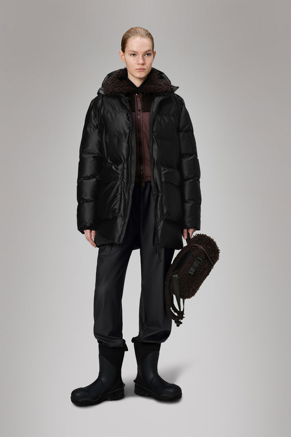 Rains Alta Long Puffer Cargo Jacket Black Grain