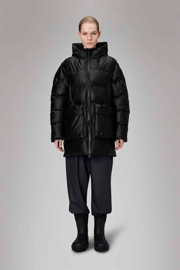 rains Alta Long Puffer Cargo Jacket Black Grain