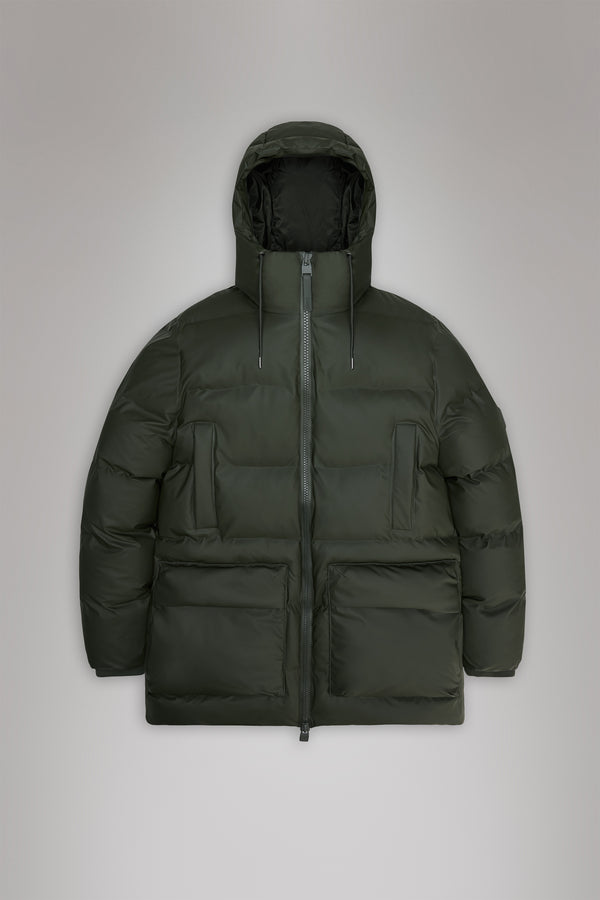 Rains Alta Long Puffer Cargo Jacket Green