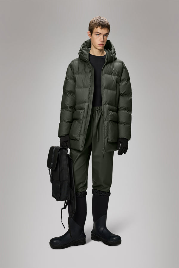 Rains Alta Long Puffer Cargo Jacket Green