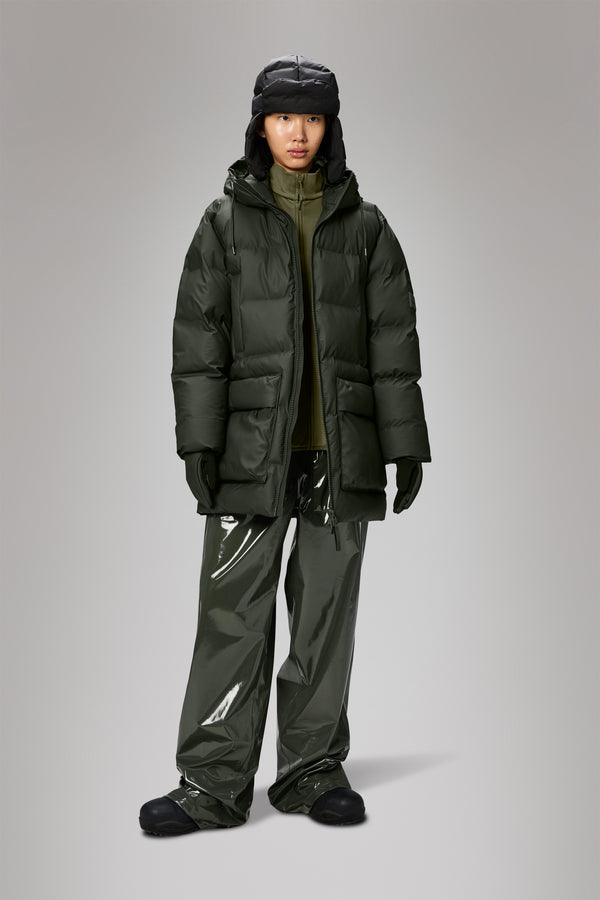 Rains Alta Long Puffer Cargo Jacket Green