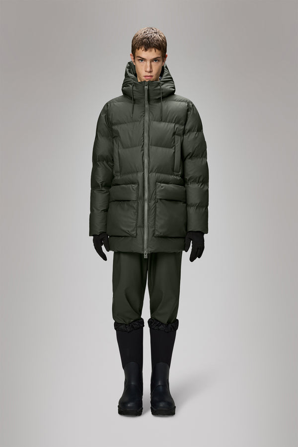 rains Alta Long Puffer Cargo Jacket Green