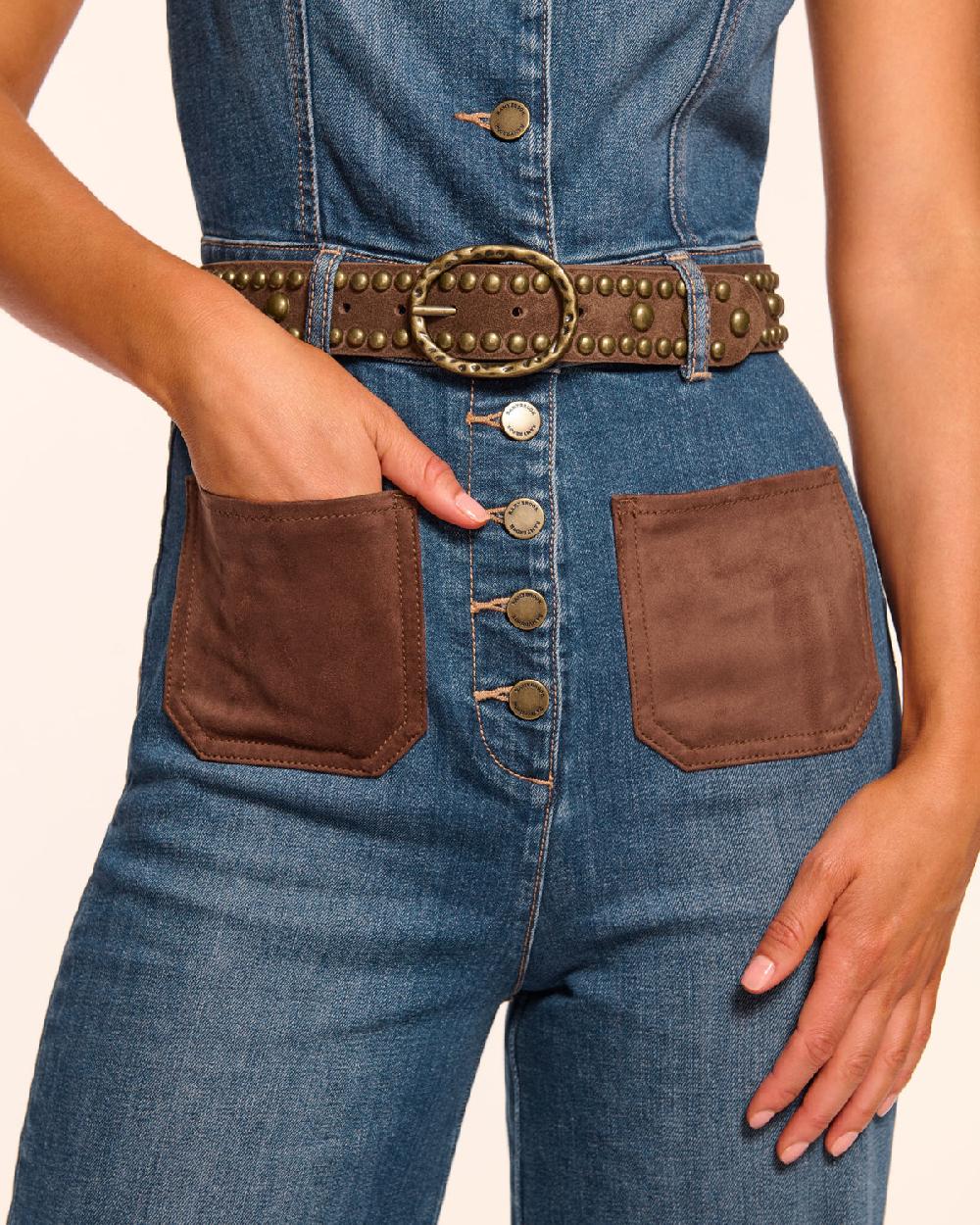 Ramy Brook Claudette Fauxe Suede Trim Denim Jumpsuit