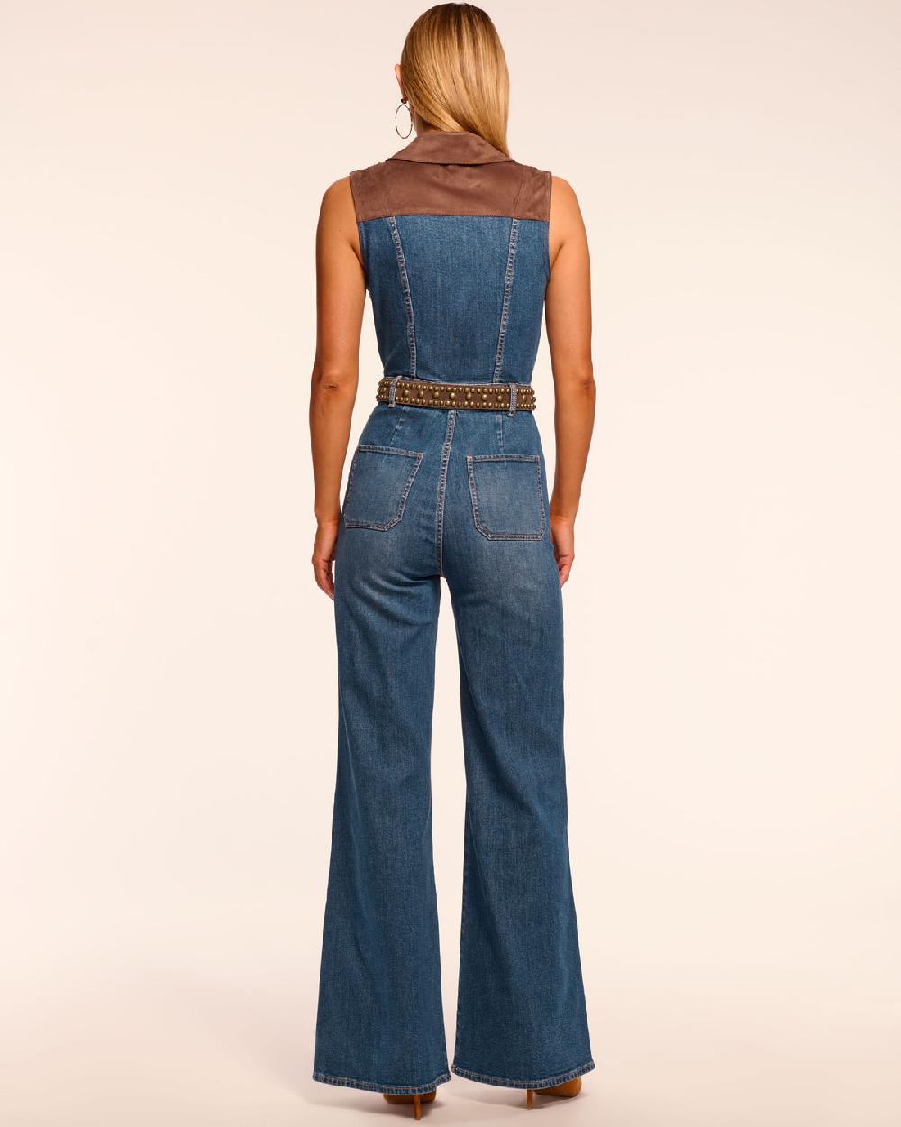 Ramy Brook Claudette Fauxe Suede Trim Denim Jumpsuit