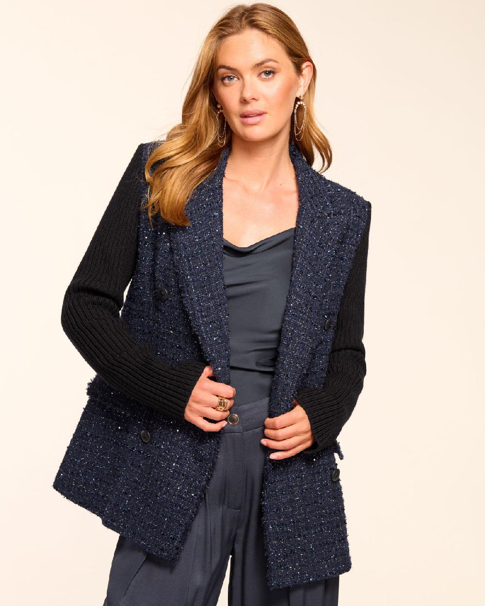 Ramy Brook Elsa Tweed Knit Combo Double Breasted Blazer