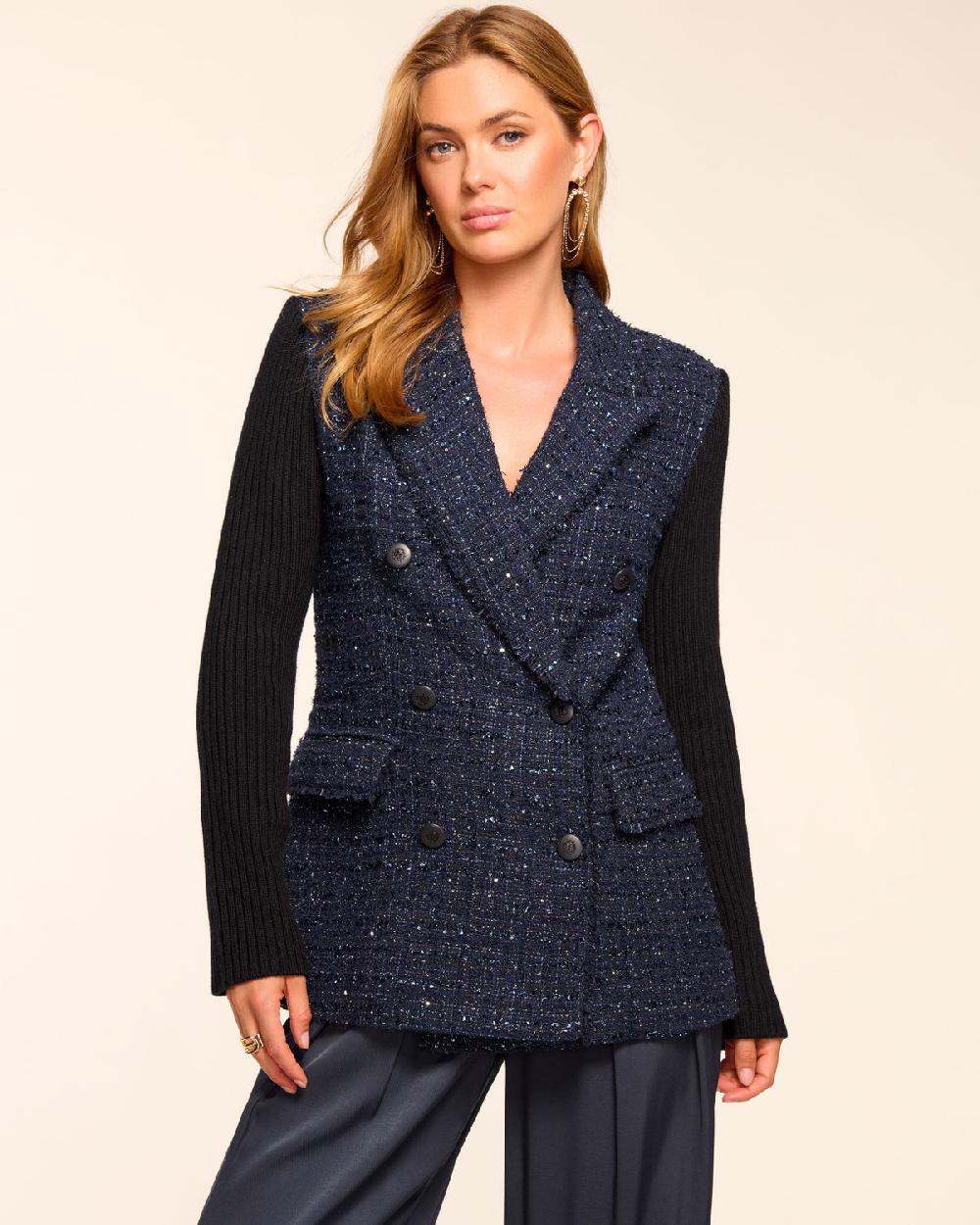 ramy brook Elsa Tweed Knit Combo Double Breasted Blazer