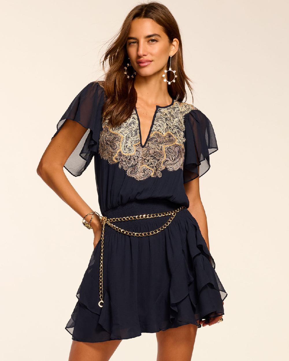ramy brook Ismeria Smocked Lace Embellished Mini Dress