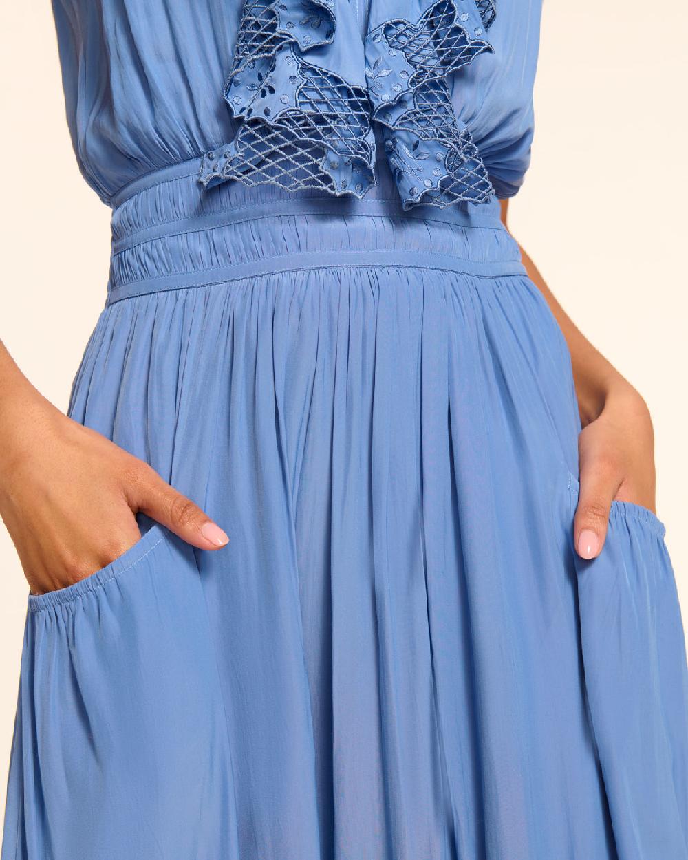 Ramy Brook Laila V-Neck Smocked Embroidered Maxi Dress