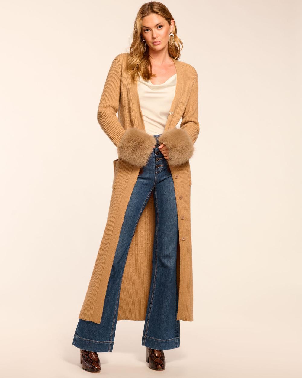 ramy brook Louise Wool Blend Faux Fur Trim Duster Sweater