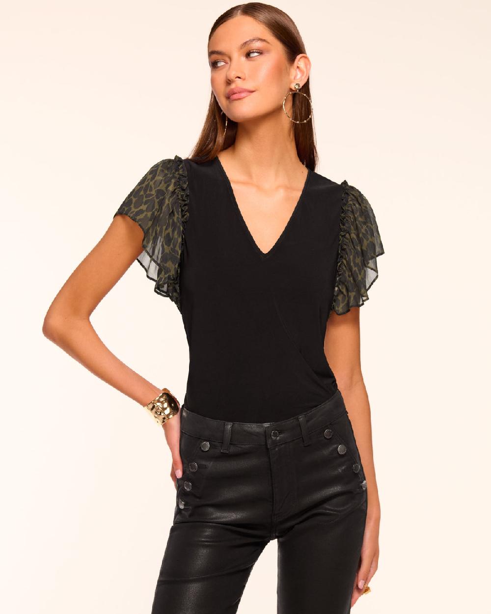 Ramy Brook Lysette Jersey V-Neck Flutter Sleeve Top