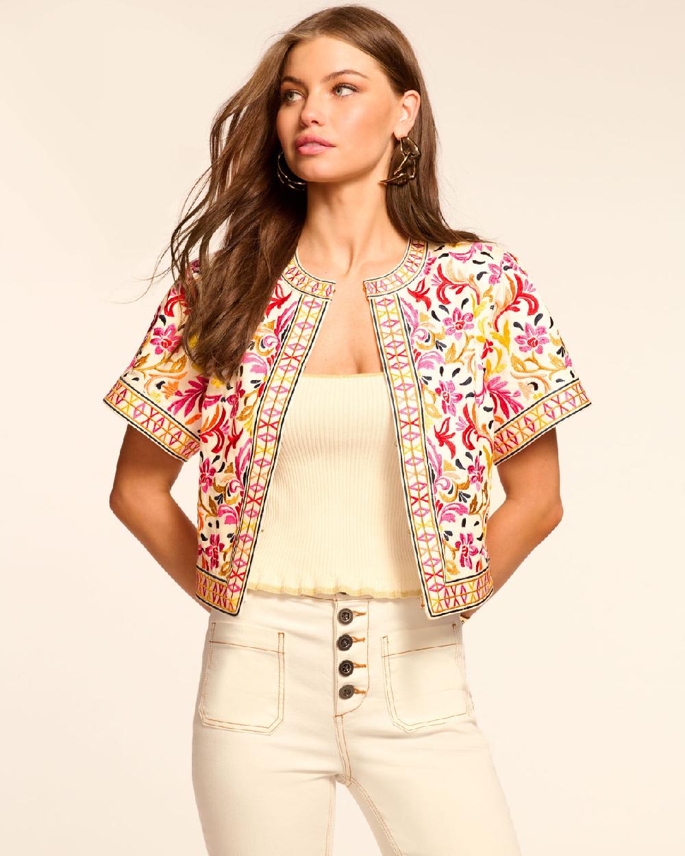 Ramy Brook Maya Cotton Embroidered Short Sleeve Jacket