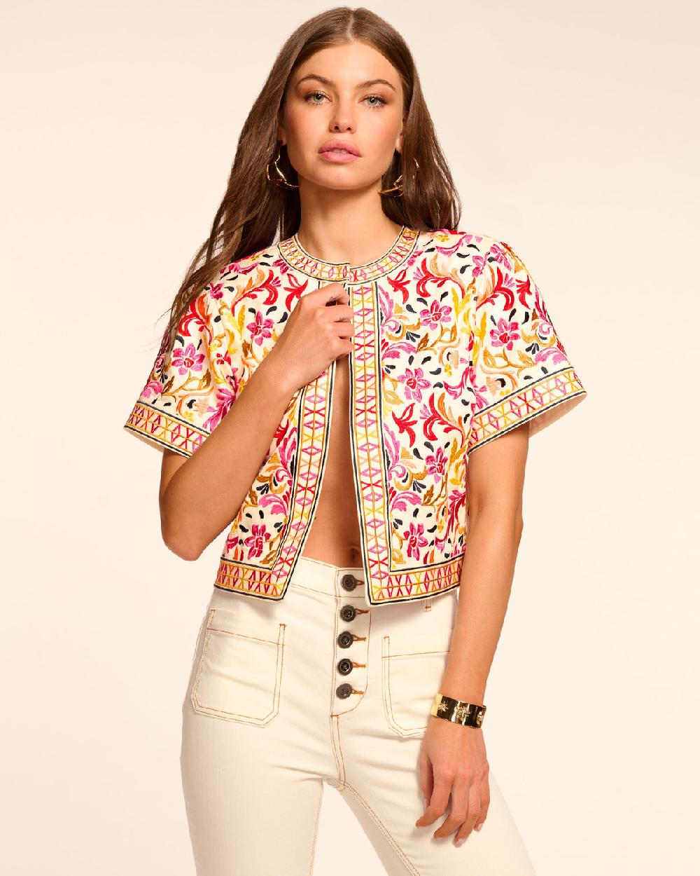 Ramy Brook Maya Cotton Embroidered Short Sleeve Jacket