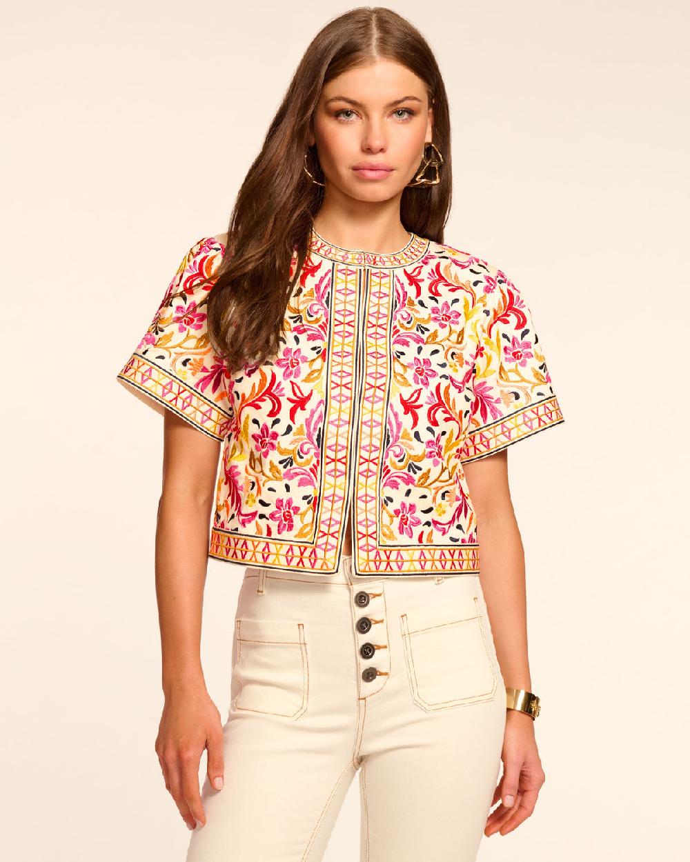 ramy brook Maya Cotton Embroidered Short Sleeve Jacket