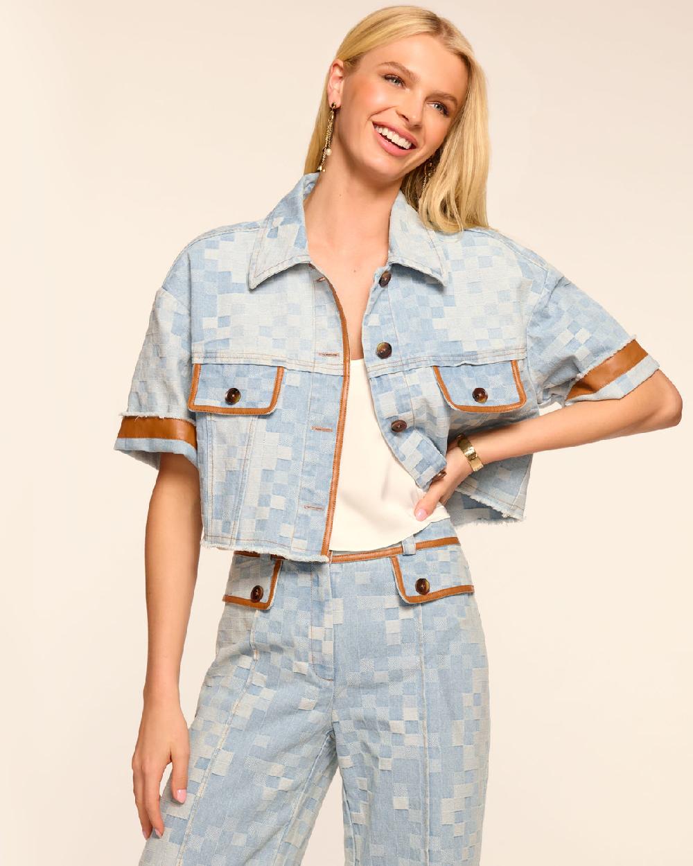 Ramy Brook Melanie Short Sleeve Checkered Jean Jacket