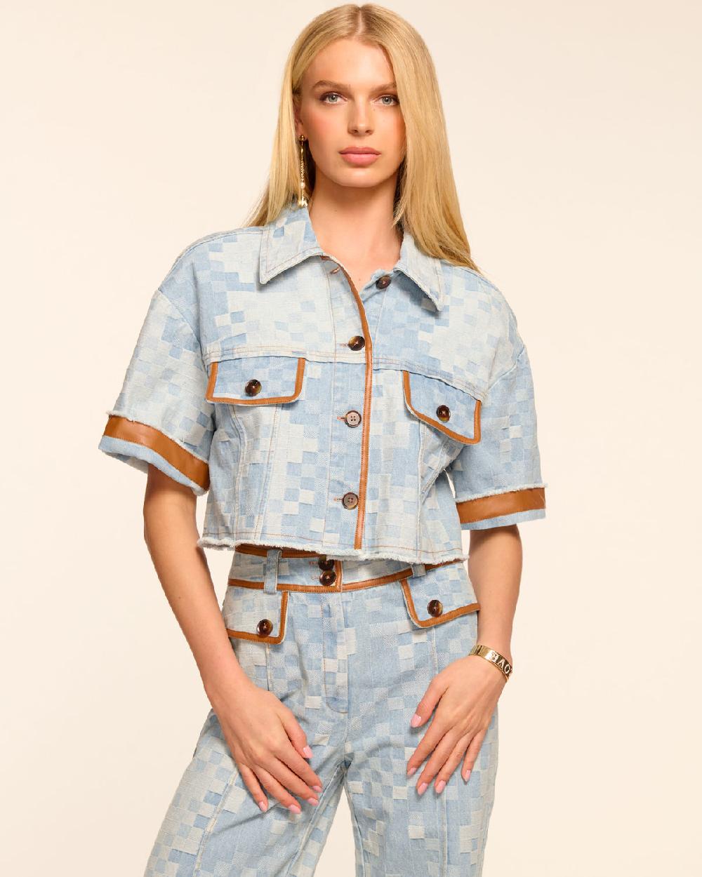 ramy brook Melanie Short Sleeve Checkered Jean Jacket