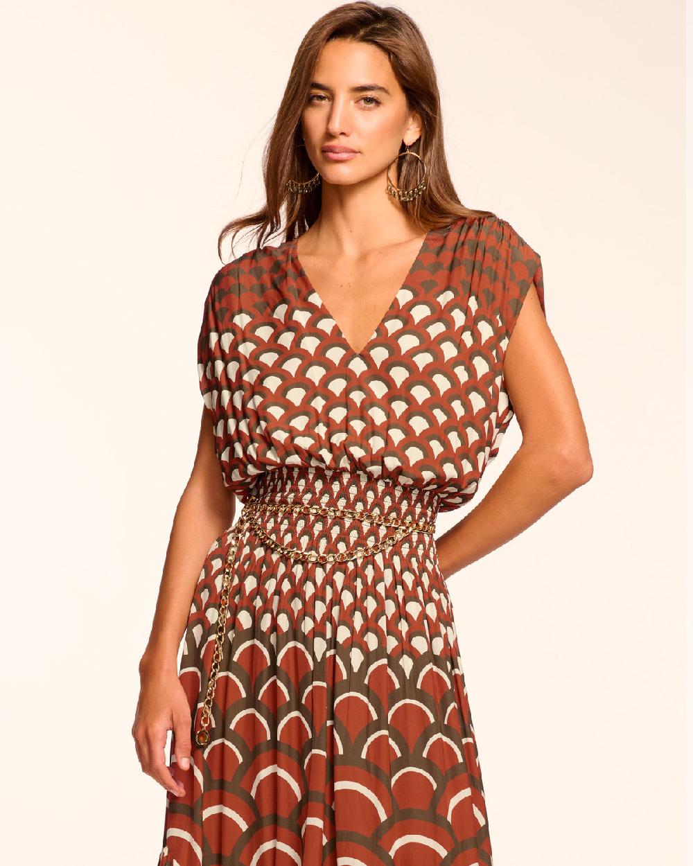 Ramy Brook Elie V-Neck Smocked Midi Dress