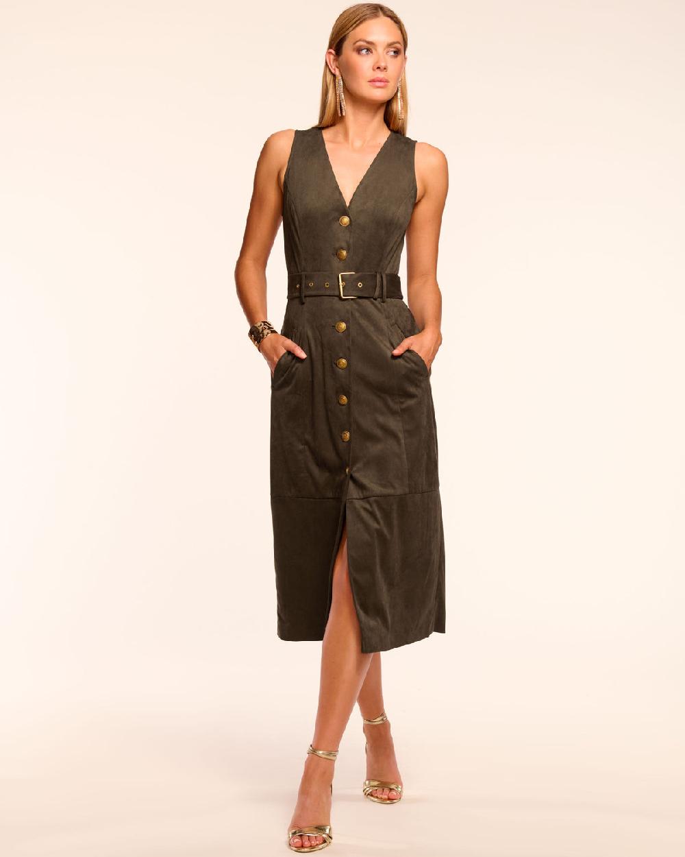 ramy brook Marcia Faux Suede V-Neck Midi Dress